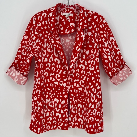 Andree By Unit Blazer Womens Small Red Cheetah Print Long Sleeve w/Roll Up Tabs - Picture 2 of 12